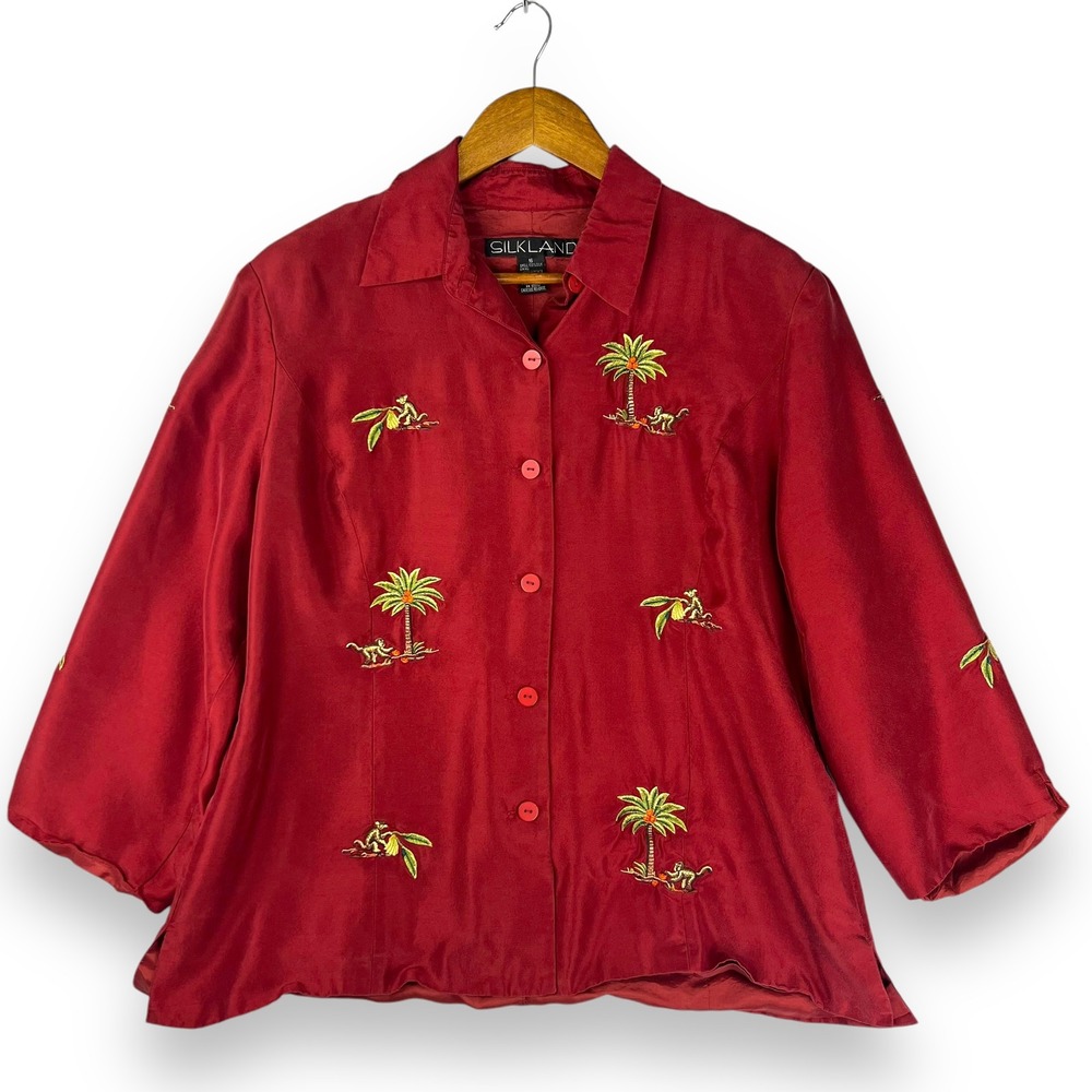 Silkland 100% Silk Embroidered Monkey Palm Tree Button Up Blouse Jacket Red 16‎